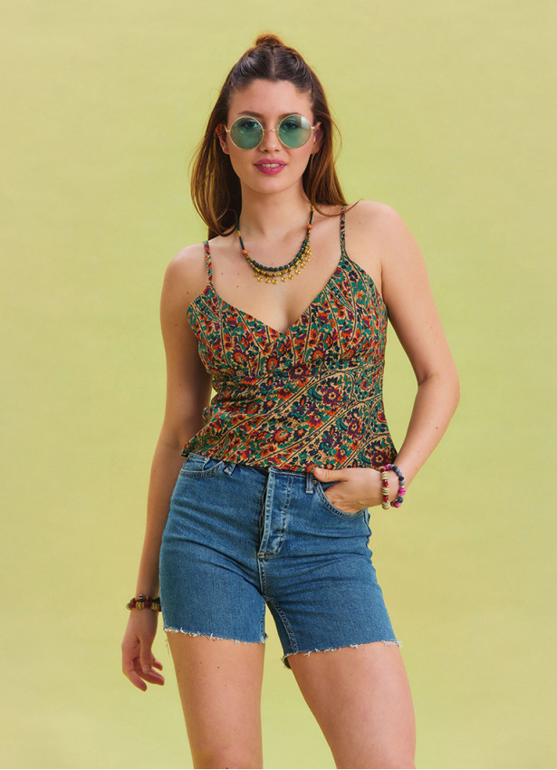 Flower Printed Thin Straps Adjustable Green Crop Blouse 4439